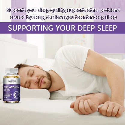 Melatonin Capsules - All-natural Nighttime Supplement for Adults, Improves Sleep Quality, Relaxation, Deep Sleep, Vegan, Non-GMO