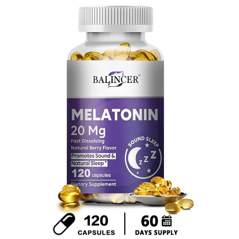 Melatonin Capsules - All-natural Nighttime Supplement for Adults, Improves Sleep Quality, Relaxation, Deep Sleep, Vegan, Non-GMO