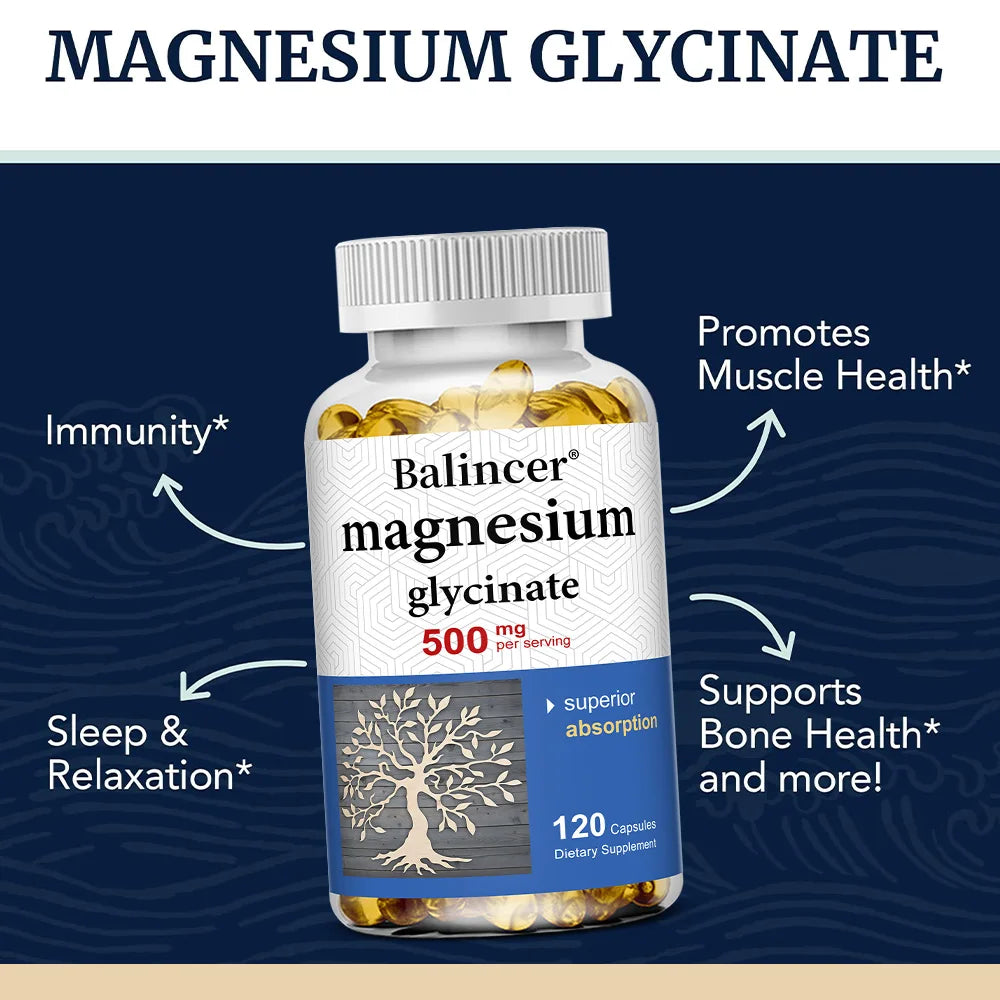 Magnesium Glycinate Capsules 500mg - Supports Muscle, Joint and Heart Health, Promotes Deep Sleep