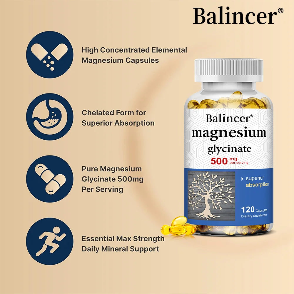 Magnesium Glycinate Capsules 500mg - Supports Muscle, Joint and Heart Health, Promotes Deep Sleep