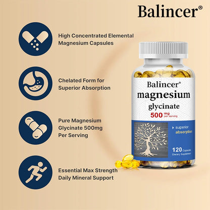 Magnesium Glycinate Capsules 500mg - Supports Muscle, Joint and Heart Health, Promotes Deep Sleep