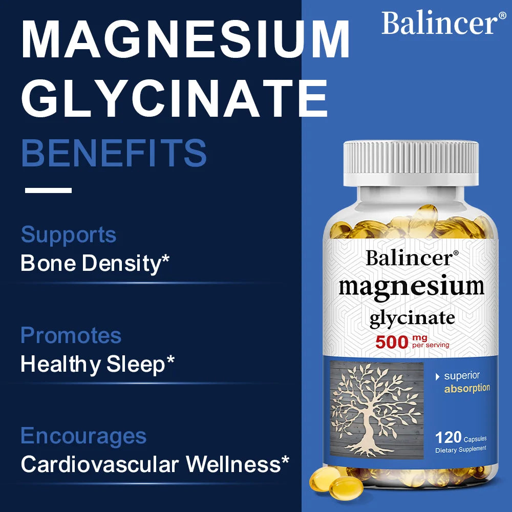 Magnesium Glycinate Capsules 500mg - Supports Muscle, Joint and Heart Health, Promotes Deep Sleep