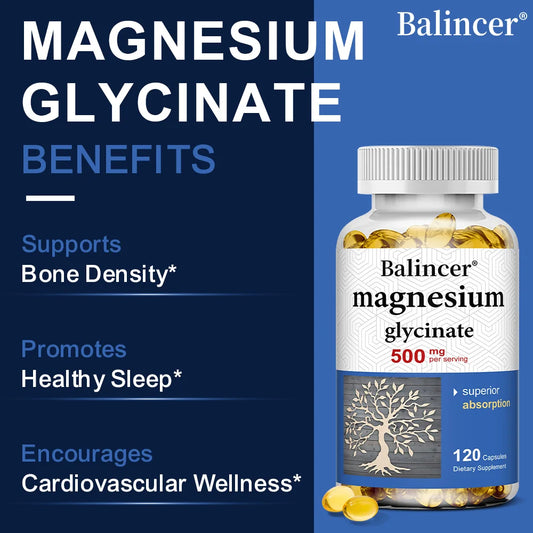 Magnesium Glycinate Capsules 500mg - Supports Muscle, Joint and Heart Health, Promotes Deep Sleep